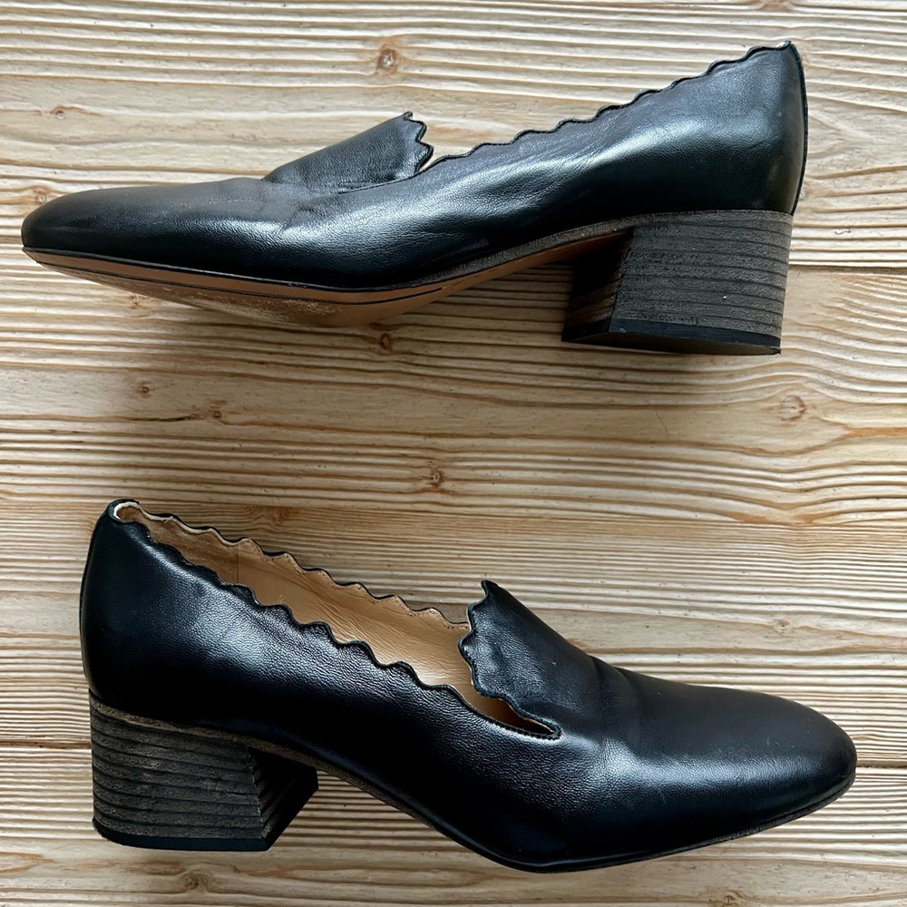 Chloé Scalloped Leather Pumps Black Block Heel | Size 38